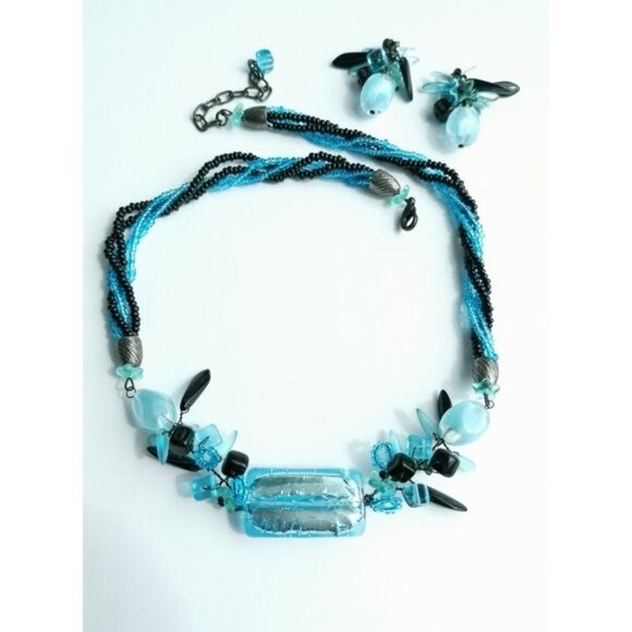 Murano Jewelry - HOST PICK! Murano silver foil bead necklace earring set in turquoise and black